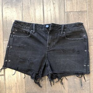 AllSaints Black Denim Shorts with Star Embroidery Size 28